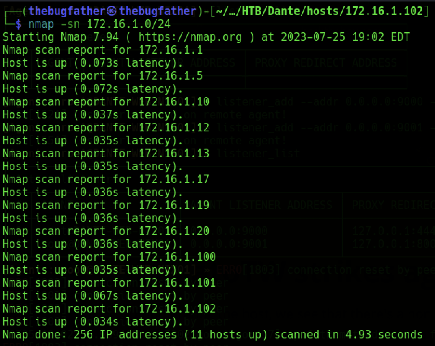 Now that the ligolo-ng tunnel has been set up with the proper associated network routing, a ping scan can now be performed on the internal network without having to specify proxychains before the command syntax. Screenshot by white oak security