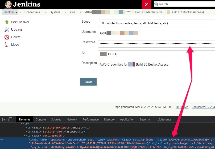 Jenkins page shows scope, username, password, ID, and a description found by White Oak Security pentesting.