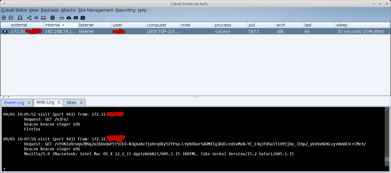 Once we run that, White Oak Security's red team pentesting experts can see the callback on our Teamserver through Cobalt Strike