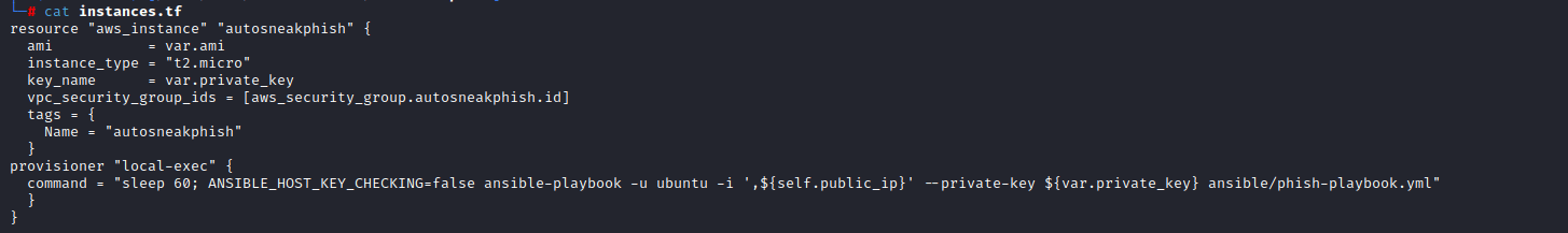 Instances.tf screenshot of terraform and autosneakphish code by White Oak Security