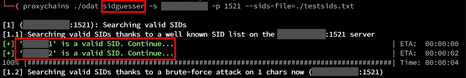 The ODAT tool provides a way to identify these values through a common word list as well as through a traditional bruteforce. Once the SID has been identified, the connection to the Database can continue. ODAT provides a module to enumerate valid SIDs, using the sidguesser module. Shown here in White Oak Security’s screenshot. 