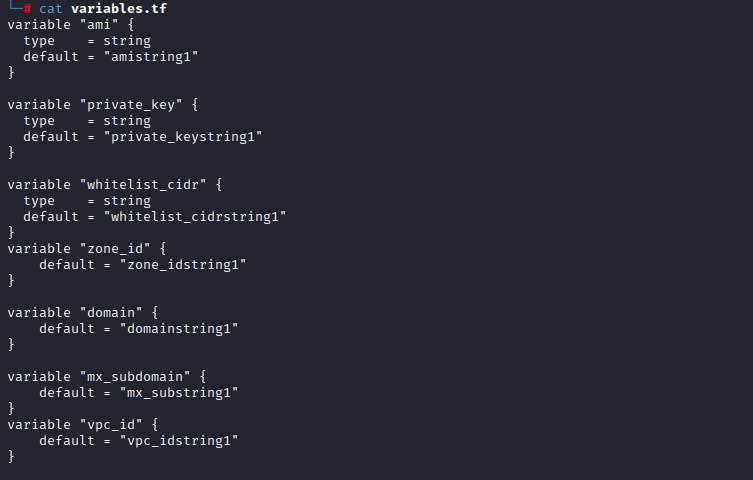 variable.tf screenshot of terraform and autosneakphish (modified as needed) code by White Oak Security 