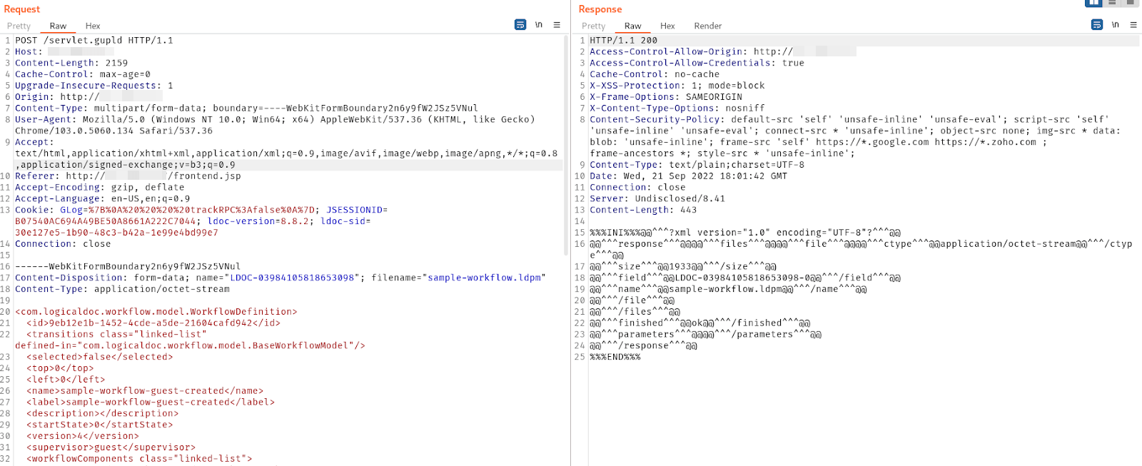 White Oak Securitys sample template can be exported from a demo installation of the application where a malicious user could build their custom payload