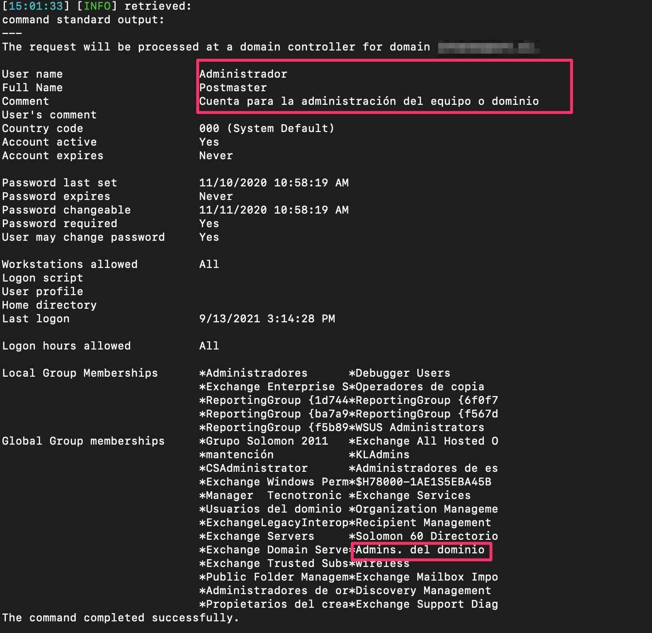 this screenshot shows the SQL injection by White Oak Security was able to compromise the domain admins, or admins. del dominio in this case.