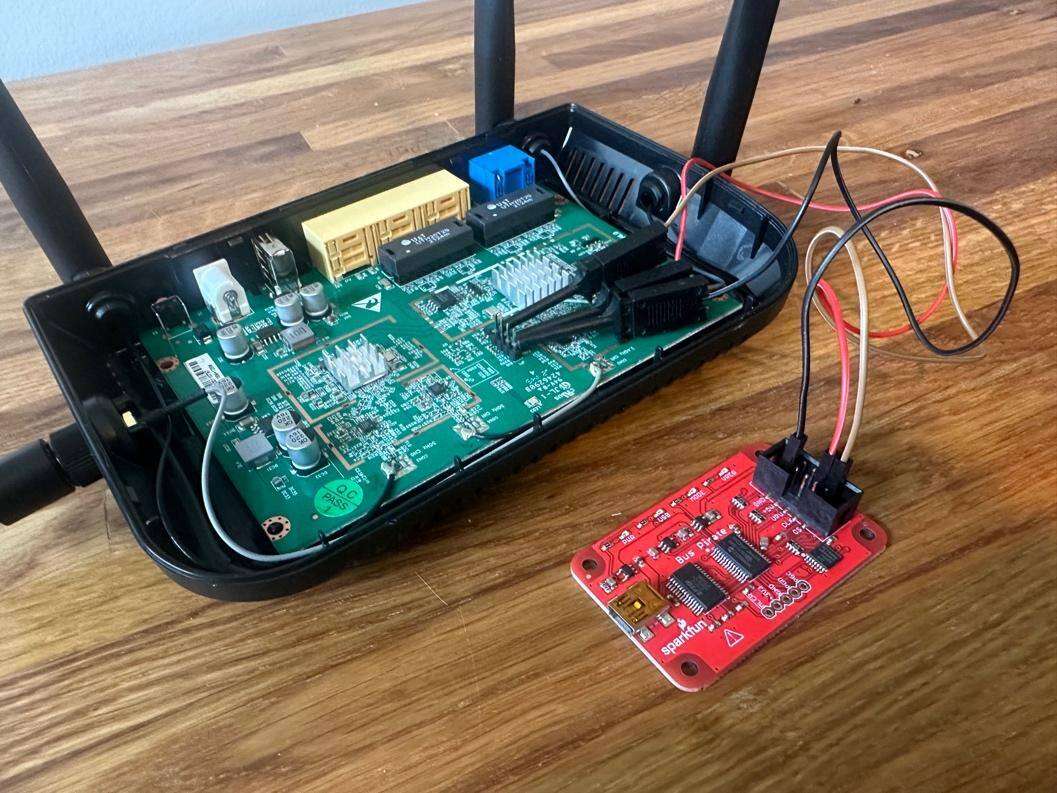 Screenshot by white oak security of using a BusPirate to interact with the UART interface