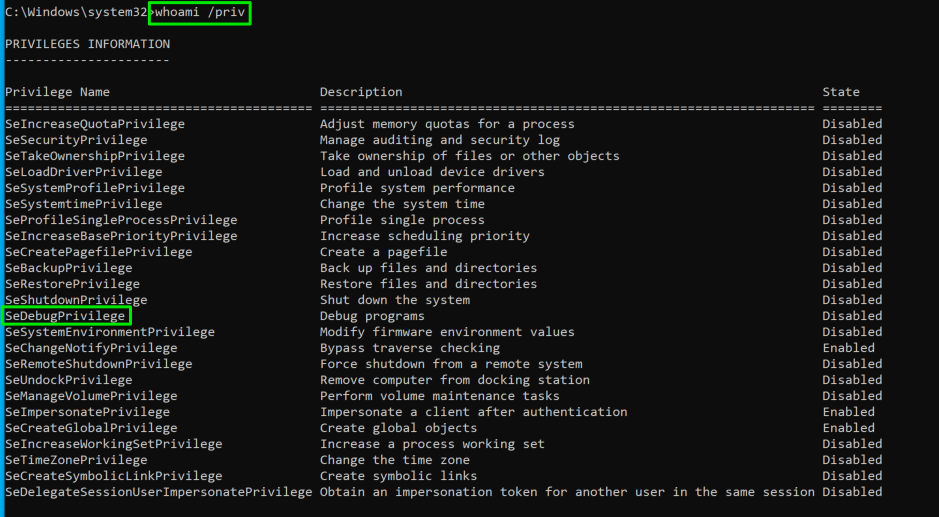 this capture of code from the White Oak Security blog shows the whoami/priv and the dedebudprivledge controls are highlighted.