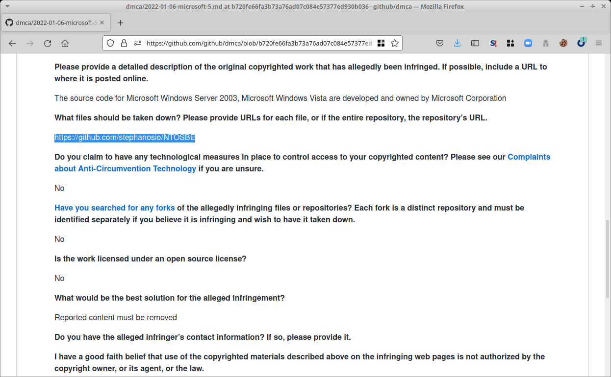 DMCA Takedown notice on GitHub screenshot of the notice by White Oak Security. 