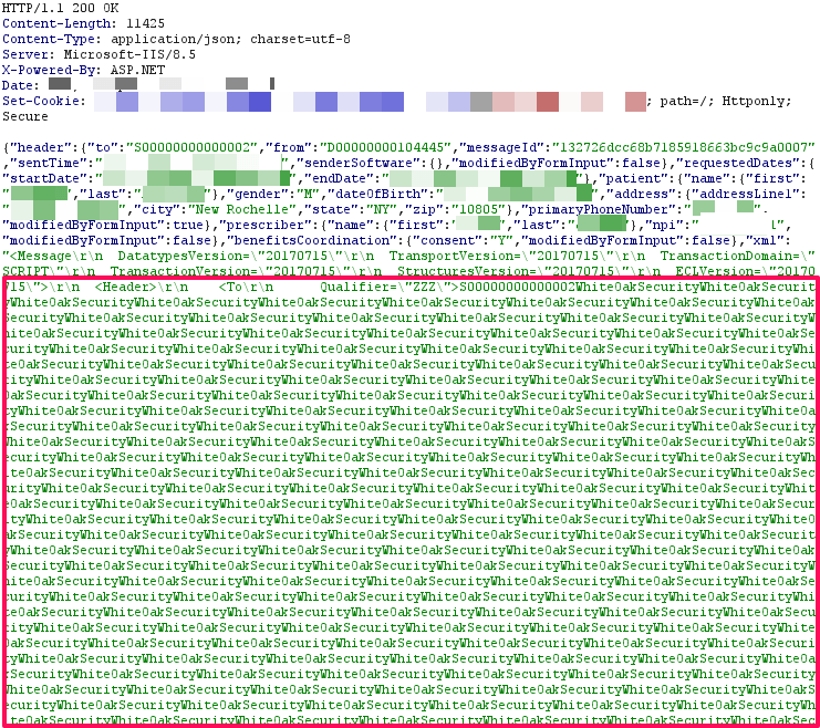 This screenshot of code in the white oak security blog shows Server response showing that the XXE payload was detonated, writing "WhiteOakSecurity" 512 times