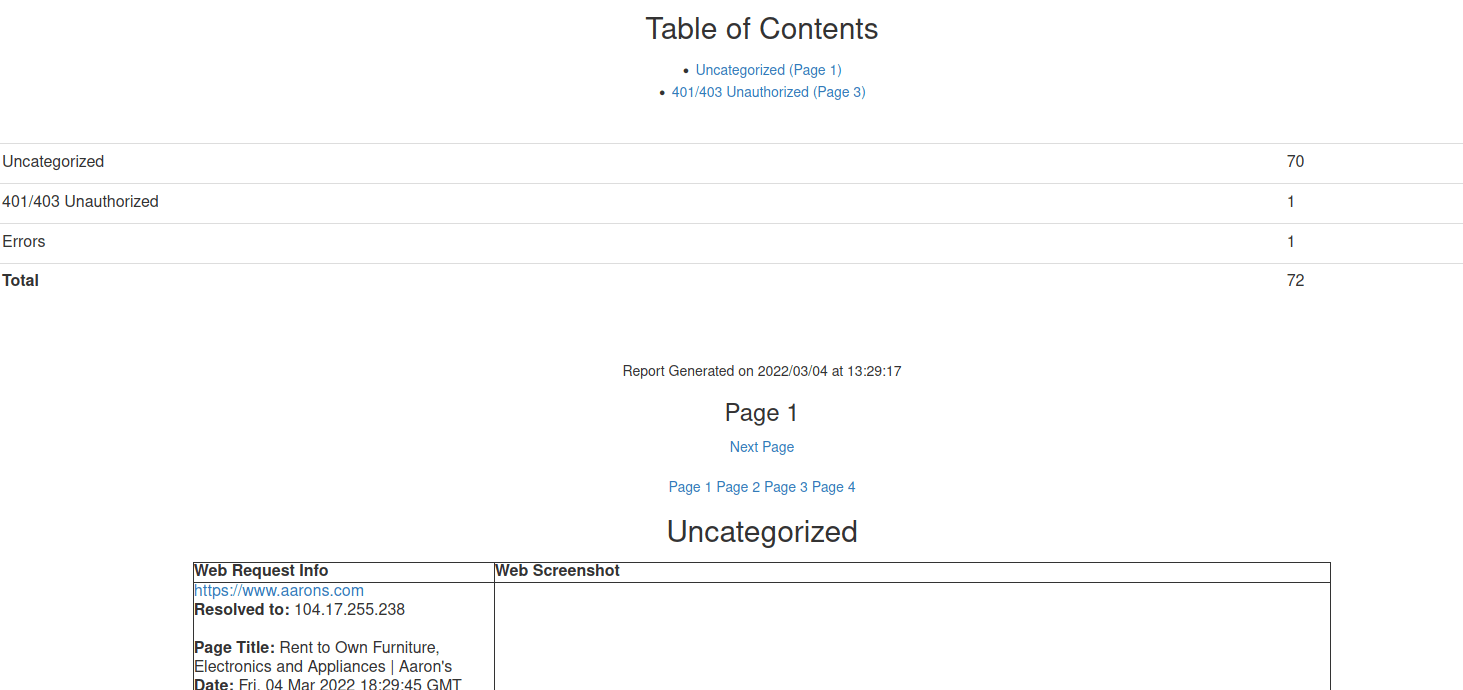 White Oak Security’s screenshot of the table of contents In troubleshooting EyeWitness’s SOCKS proxy, I was able to generate a sample report successfully without using the SOCKS proxy.