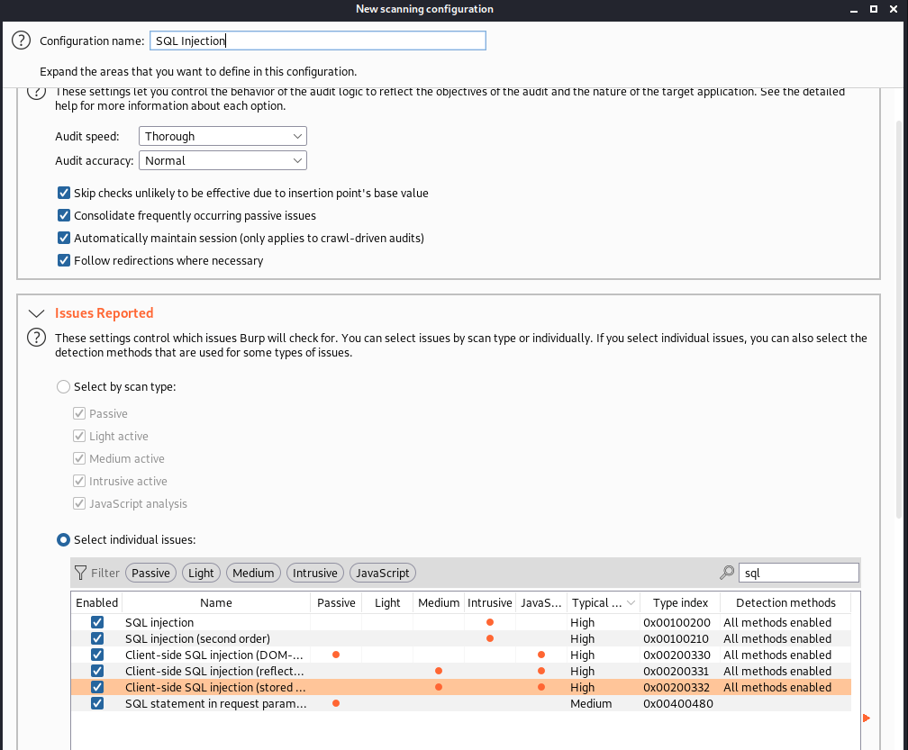 A screenshot of White Oak Security's useful scan profile we’ve built out is a SQL Injection scan configuration that is useful for fuzzing for SQL Injection in Burp Suite.