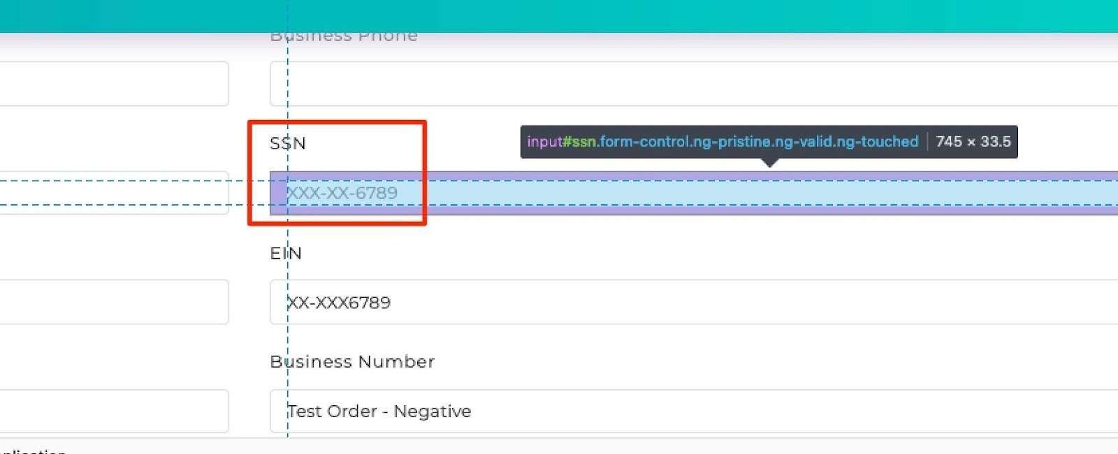 this screenshot shows the webpage that is supposed to mask the SSN actually is revealing the whole SSN in the page code