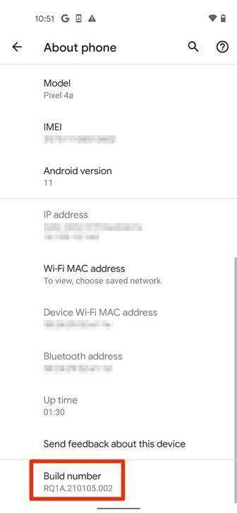 Smartphone Google Pixel 4a settings page, scroll to the highlighted area of Build number, this is the White Oak Security guide to How To Root A Google Pixel Phone.