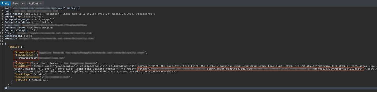 The fromAddress, toAddress, subject, and htmlBody are four parameters that malicious attackers could use from this breach, the insecure password reset by white oak security. 