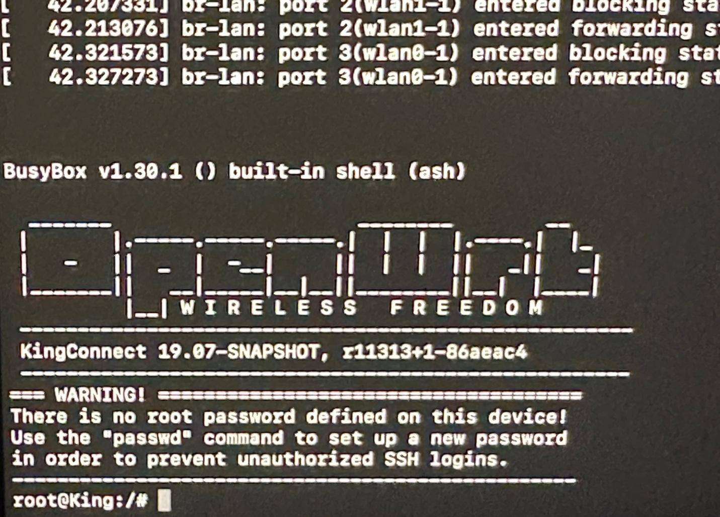 Screenshot by white oak security of access to the KingConnect router through the UART interface