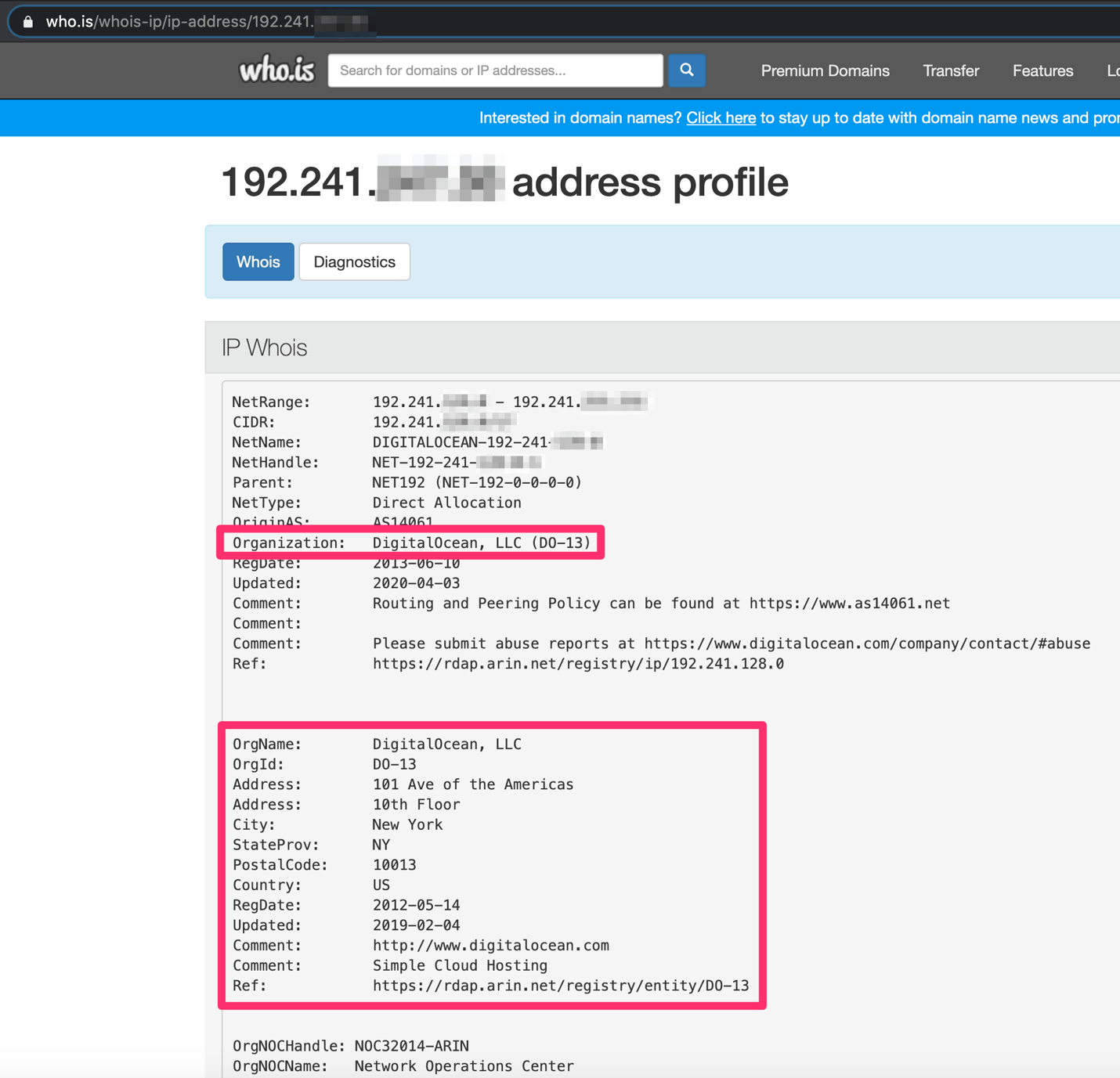 Screenshot of the IP address organization being DigitalOcean, LLC in New York for one of the tracking pixel hits during this phishing email attack by the White Oak Security blog.