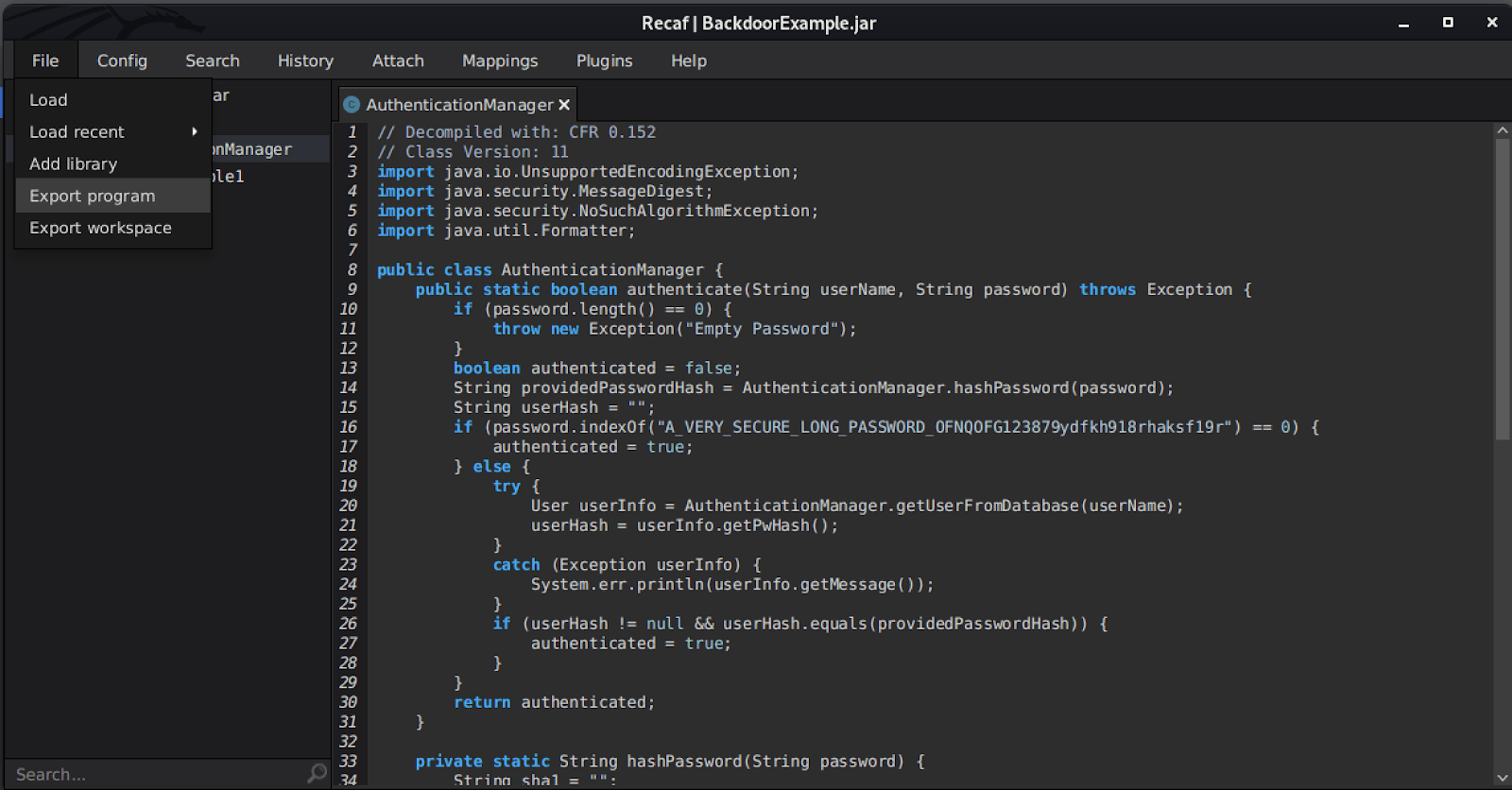 Capture shows the next step by White Oak Security, Type CTRL-s to save the modifications, close the assembly editor, then select: File -> Export Program.