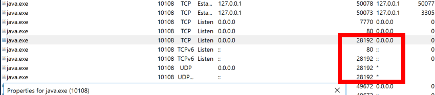 The Fishbowl Server establishes a web server on 80/443 and a TCP Socket Server listening on port 28192 by default. This TCP Socket Server on port 28192 is the vulnerable service. We used Sysinternals TCPView (2) to view the local endpoints, as seen in this screenshot provided by White Oak Security.