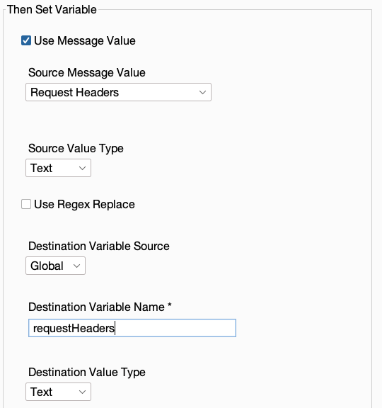 Reshaper's Then Set Variable box screenshot by White Oak Security shows the message use value box being checked, using request headers, source value is text from the global destination named requestHeaders.