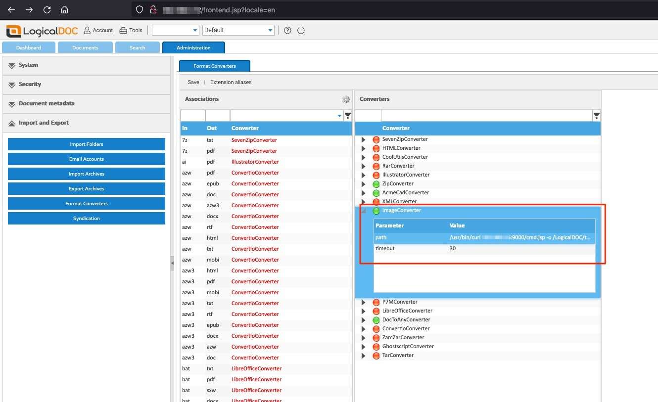 White Oak Security modified the path parameter to download a JSP webshell and placed it within the web root of the LogicalDOC application