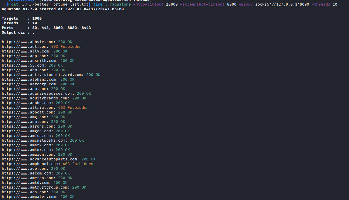 White Oak Security successfully pipe my URL list into Aquatone for processing. However, even though it successfully opened a HTTP connection to 957 hosts (grabbing their HTML source), Aquatone failed to capture over half of the screenshots for various issues.