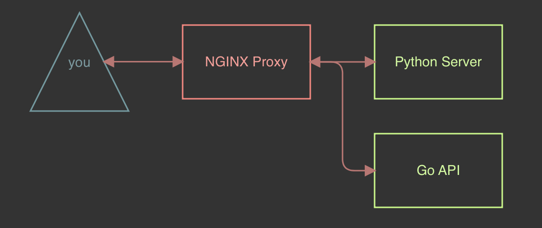 a photo of a diagram of the testing environment white oak security is demonstrating through this part one and part two blog series. It says you > NGINX Proxy > Python Server or Go API