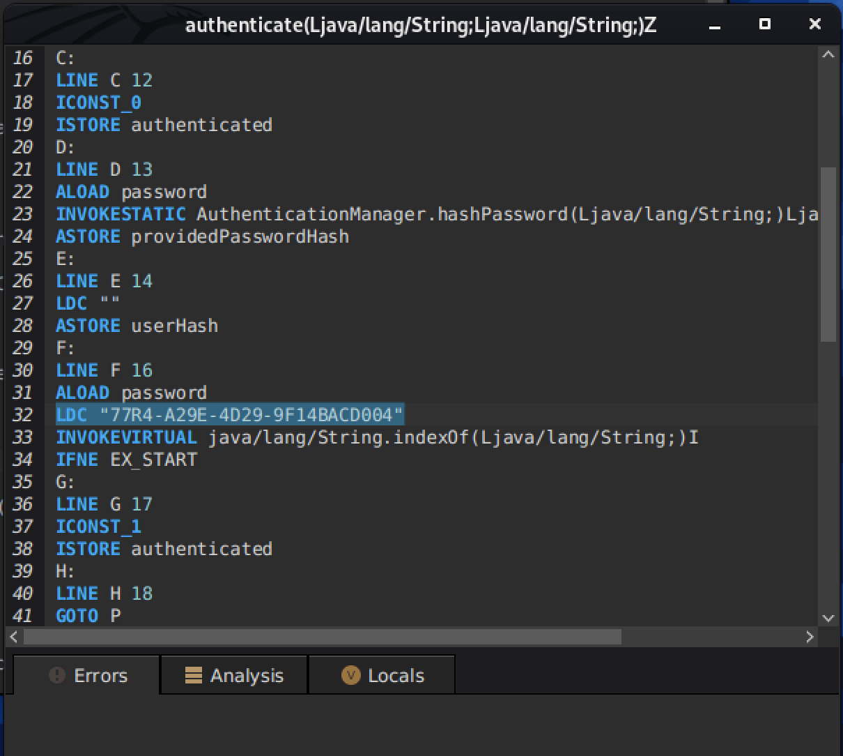 This screenshot from White Oak. Security's cybersecurity blog shows that if you Scroll down until you see a line with “LDC” and the hardcoded password string. This will be the line we will modify. The “LDC” instruction loads a constant onto the stack. 