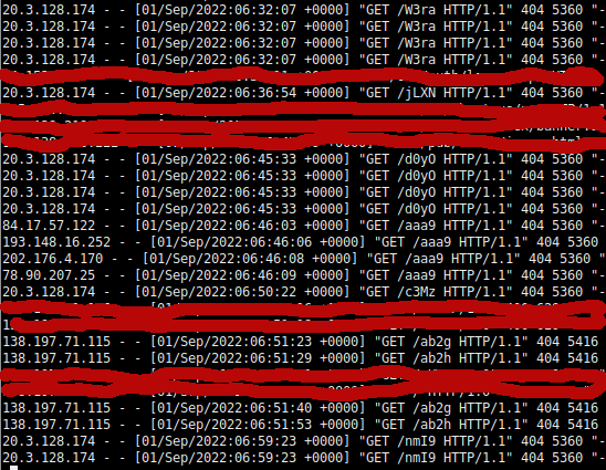 After a few hours, White Oak Security's red team and pentesting experts check their reverse proxy logs, which in this code screenshot shows a TON of 404 not founds. 