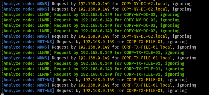 Running the default Praetorian PowerShell script from 192.168.0.149 results in the following output in Responder image of code by white oak security