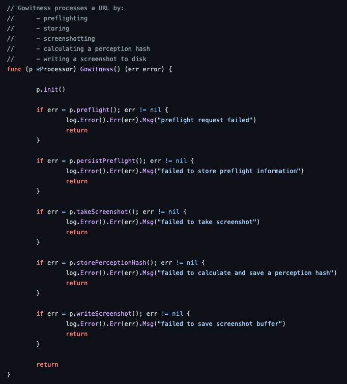 At the time of writing, gowitness performs the following actions against every target, this screenshot of code says Preflight – An HTTP connection to the target host is established in order to retrieve the response body, response headers, TLS certificate details, and perform some technology fingerprint analysis.
Store Preflight – The data from the ‘preflight’ stage is saved to the database.
Screenshot – The application launches chromium headless to capture a screenshot of the viewport.
Perception Hash – A hash of the screenshot is calculated for similarity comparison analysis
Write Screenshot – The raw image is saved to diskby White Oak Security.