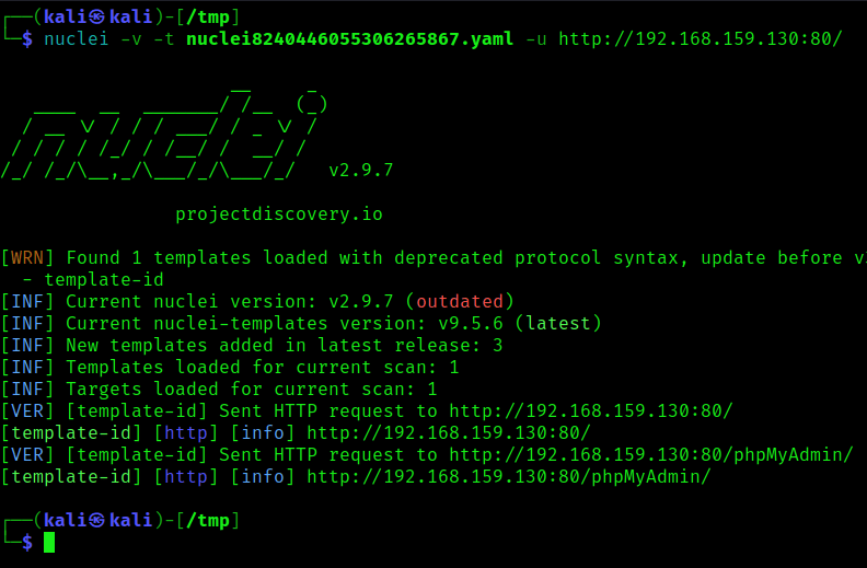 Nuclei template was discovered screenshot by White Oak Security 