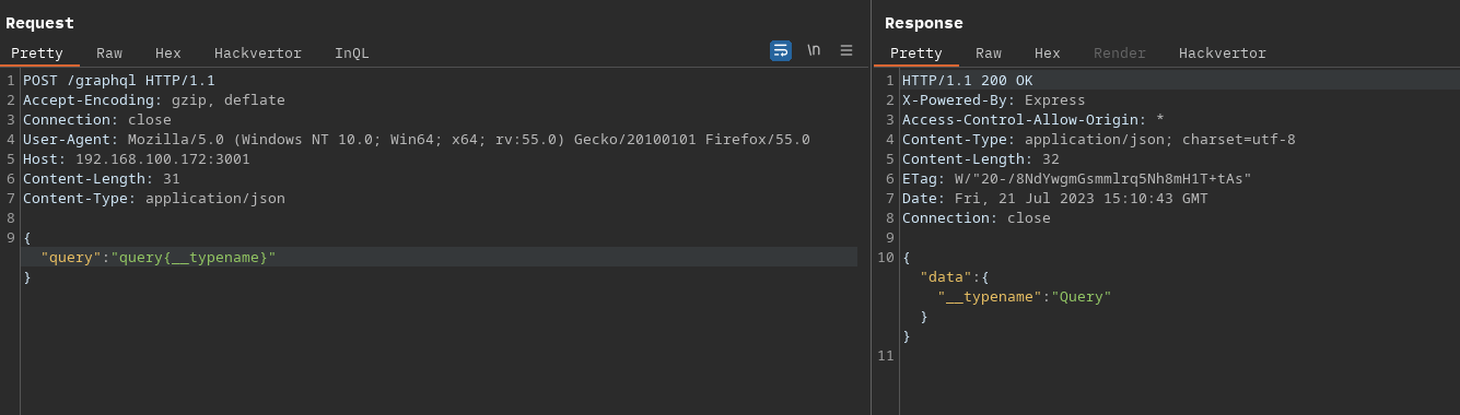 Request for graphQL basic query screenshot by white oak security pentesting experts 