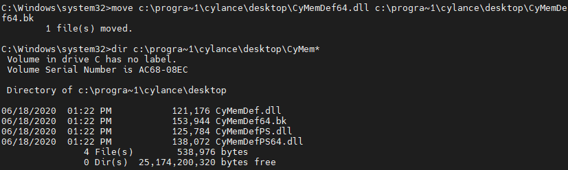 The white oak security team Renamed the CyMemDef64.dll file, disabling Cylance in this screen grab