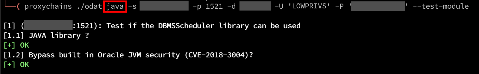 White Oak Security can target Java exploitation using the java module within ODAT. Using the –test-module argument, we can re-run the checks for exploitation. ODAT identifies that the Java Library is enabled and even identifies the potential for an arbitrary file upload exploit using CVE-2018-3004.