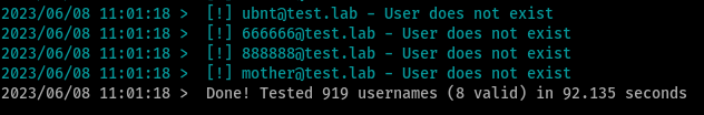 One interesting note is that the number of guess attempts and successfully guessed users in the console appeared to be incorrect. My run included 919 usernames and 8 valid accounts.