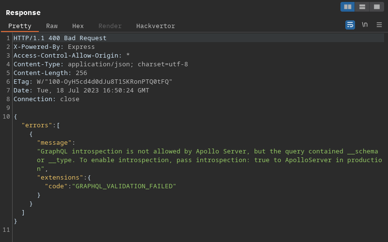Message return from graphQL introspection is not allowed by apollo server screenshot of score by white oak security burp suite screengrab