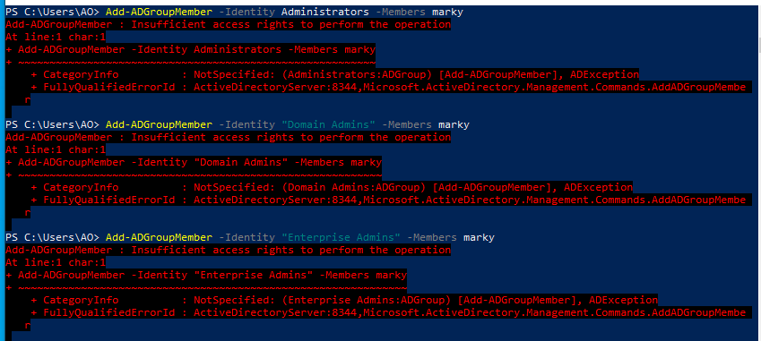 The default “Administrators” group contains the groups “Domain Admins”, “Enterprise Admins”, and the “Administrator” user. Attempting to modify any of these groups fails with “permission denied” as expected, in this screenshot by White Oak Security 