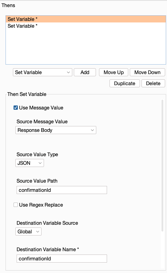 Reshaper screenshot by White Oak Security shows the THENS box for setting a variable using the message value from response body, JSON, confirmationid value path from global destination.