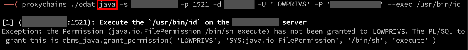 White Oak Security runs into an issue where our LOWPRIVS user does not have permission to execute the command as our user account has not been granted permission. The JVM is locked down to only allow privileged users the ability to modify these permissions. 