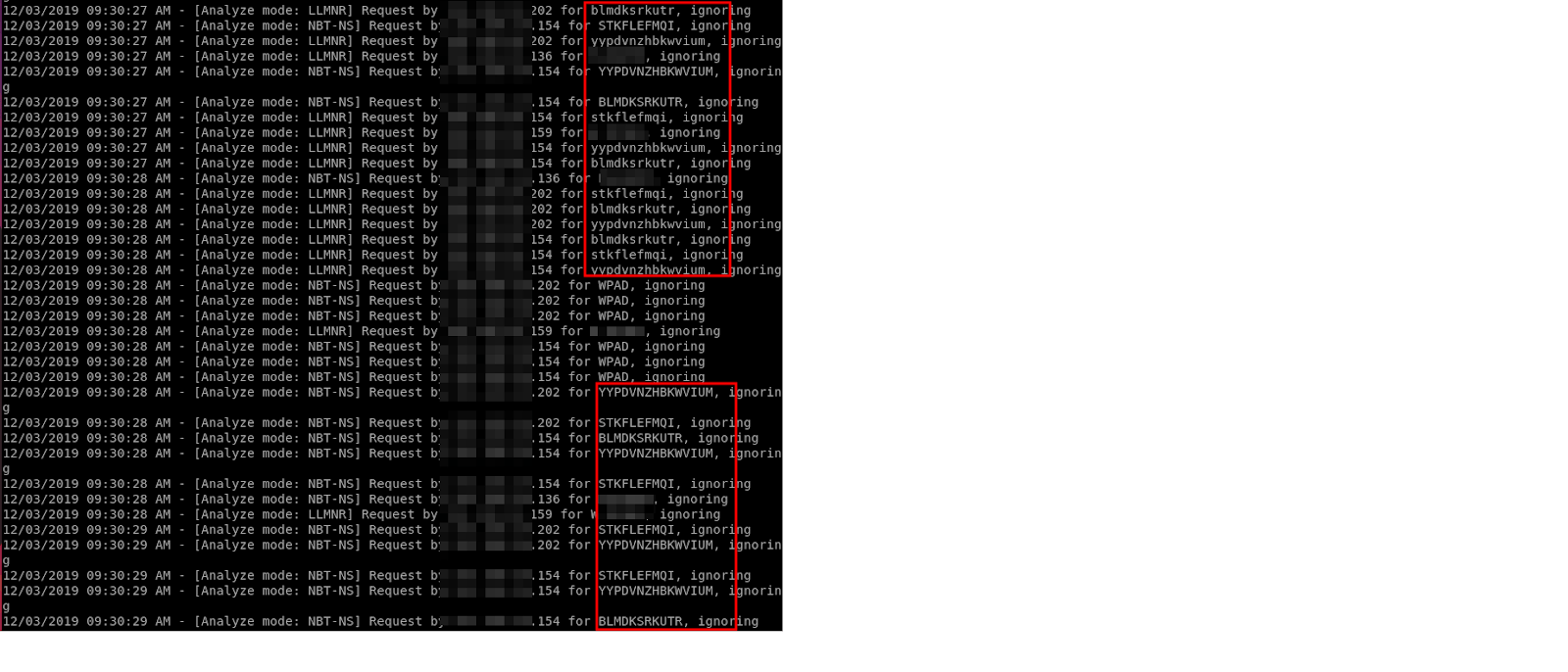 Symantec Endpoint Protection also includes options for this type of detection and performs fake LLMNR and NBT-NS requests from the endpoints themselves to make them look legitimate. This is a sample excerpt from Responder in Analyze Mode on a network with Symantec Endpoint Protection broadcast poisoning detections - image code responder detection by white oak security