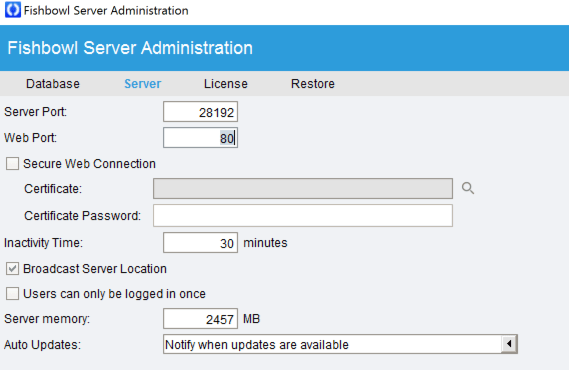 Fishbowl Server administration screenshot of server point 28192, web port 80 settings provided by White Oak Security.